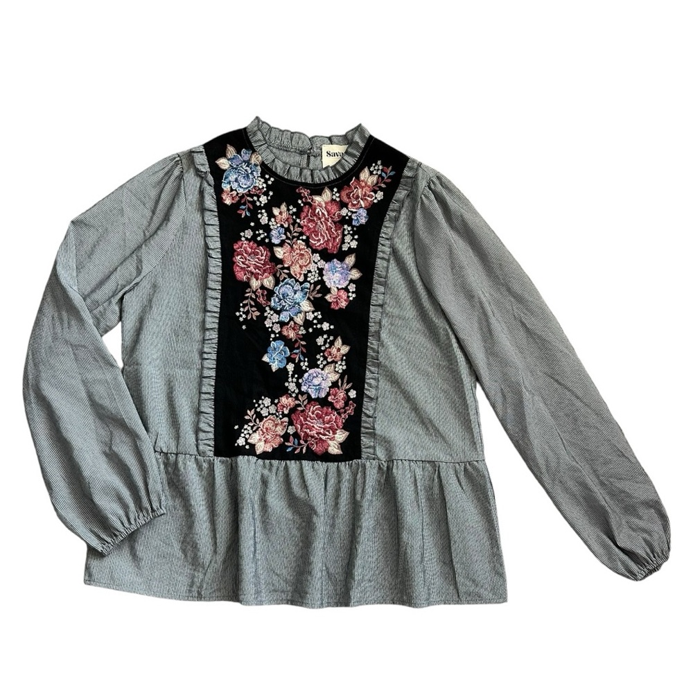 Savanna Jane Pinstripe Floral Embroidered Gray Top